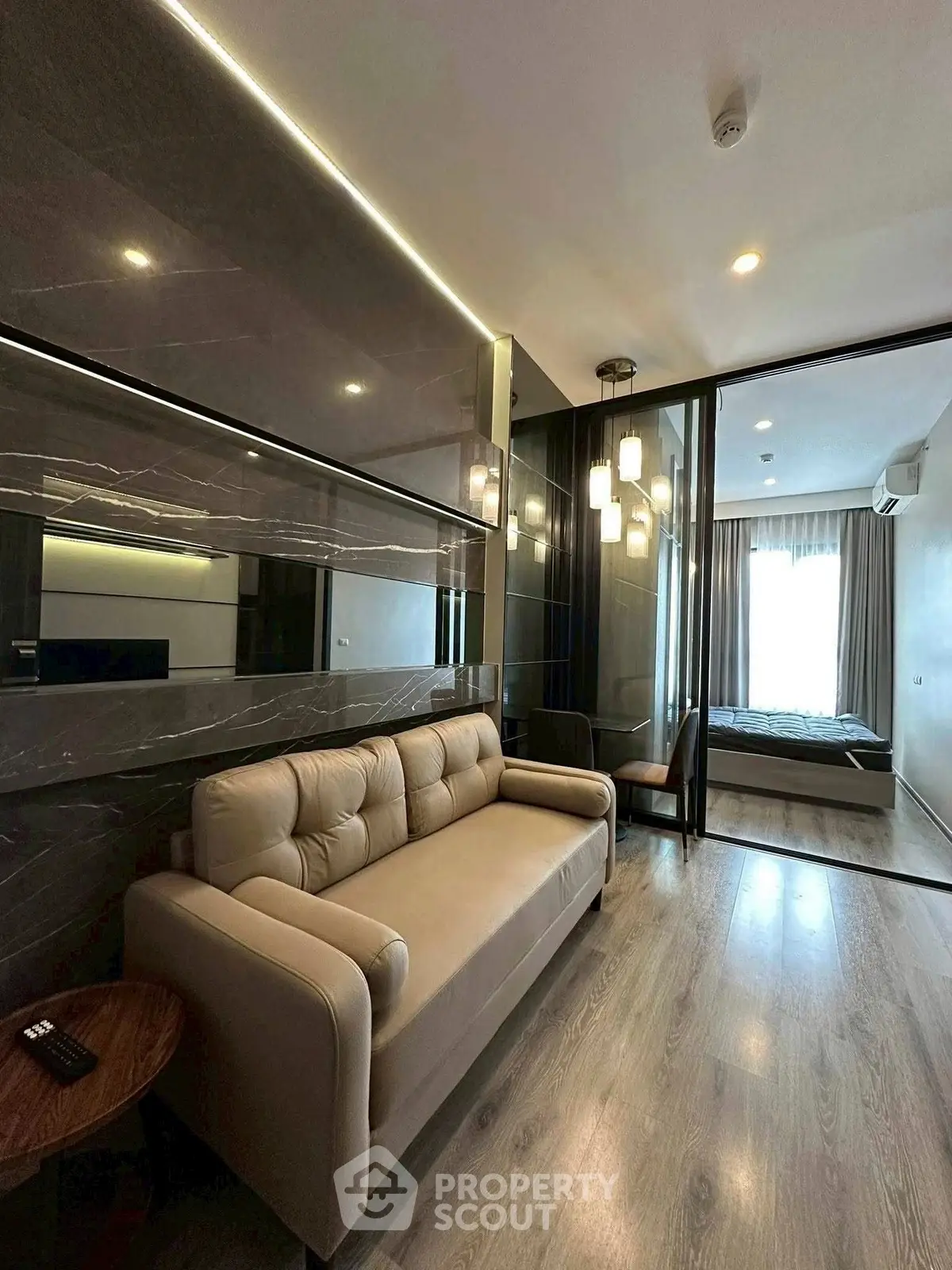 Modern living room with sleek design and cozy sofa in stylish apartment