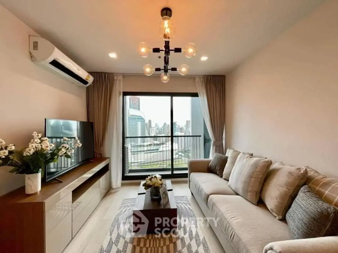 Chic modern living room with plush sofa, stylish light fixture, and a captivating city view through the balcony doors, perfect for urban living.