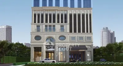 Stunning architectural design of modern building with lush greenery and clear blue sky.