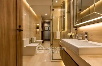 Luxurious modern bathroom with elegant lighting and spacious design