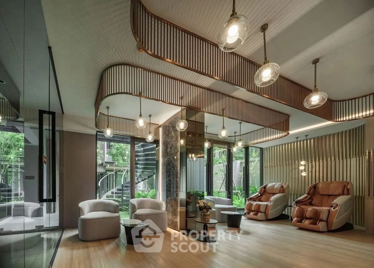 Luxurious modern living room with elegant lighting and garden view