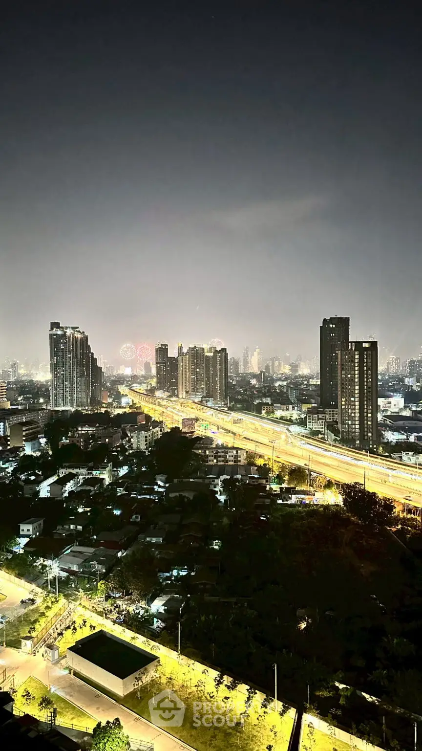 Stunning cityscape view from high-rise building at night with illuminated skyline.