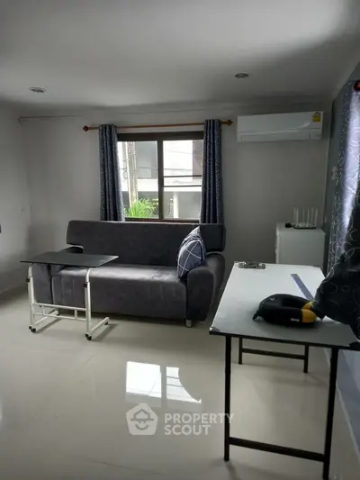 Cozy living room with modern gray sofa and natural light