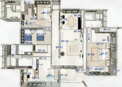 Detailed floor plan showcasing modern apartment layout with multiple rooms and amenities.
