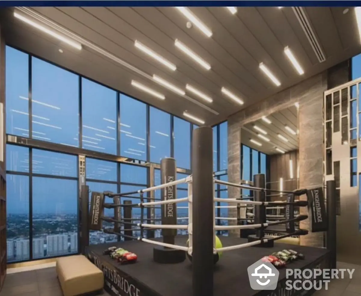 Luxurious high-rise gym with boxing ring and panoramic city views