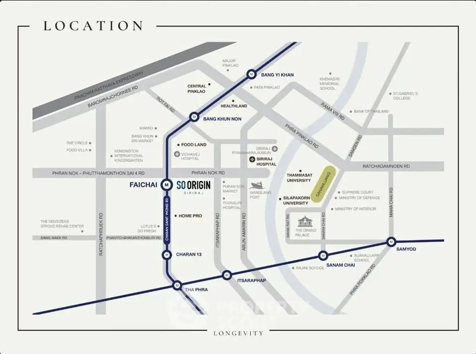 Map showing location of So Origin near Thammasat University and Siriraj Hospital.