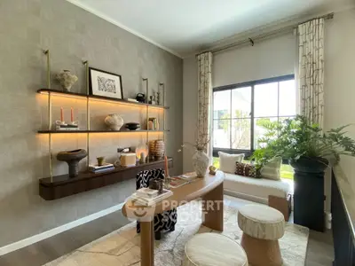 Elegant living room with modern decor, large window, and stylish shelving