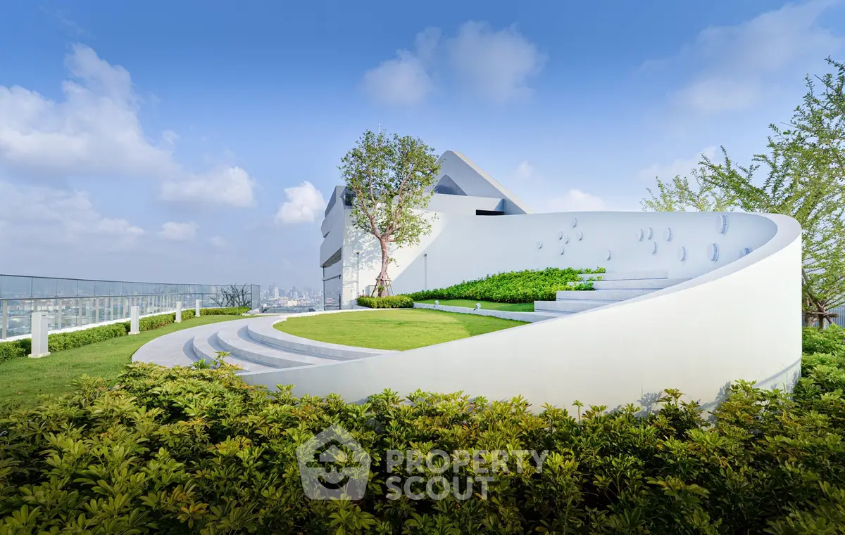 Stunning rooftop garden with panoramic city views and modern architectural design.