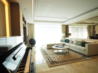 Luxurious living room with grand piano and elegant decor, featuring a spacious seating area and modern design.