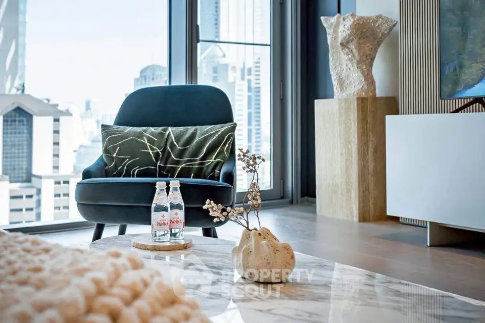 Luxurious modern living room with city view, elegant decor, and stylish furniture.