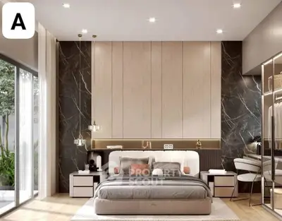 Luxurious modern bedroom with elegant decor and large windows