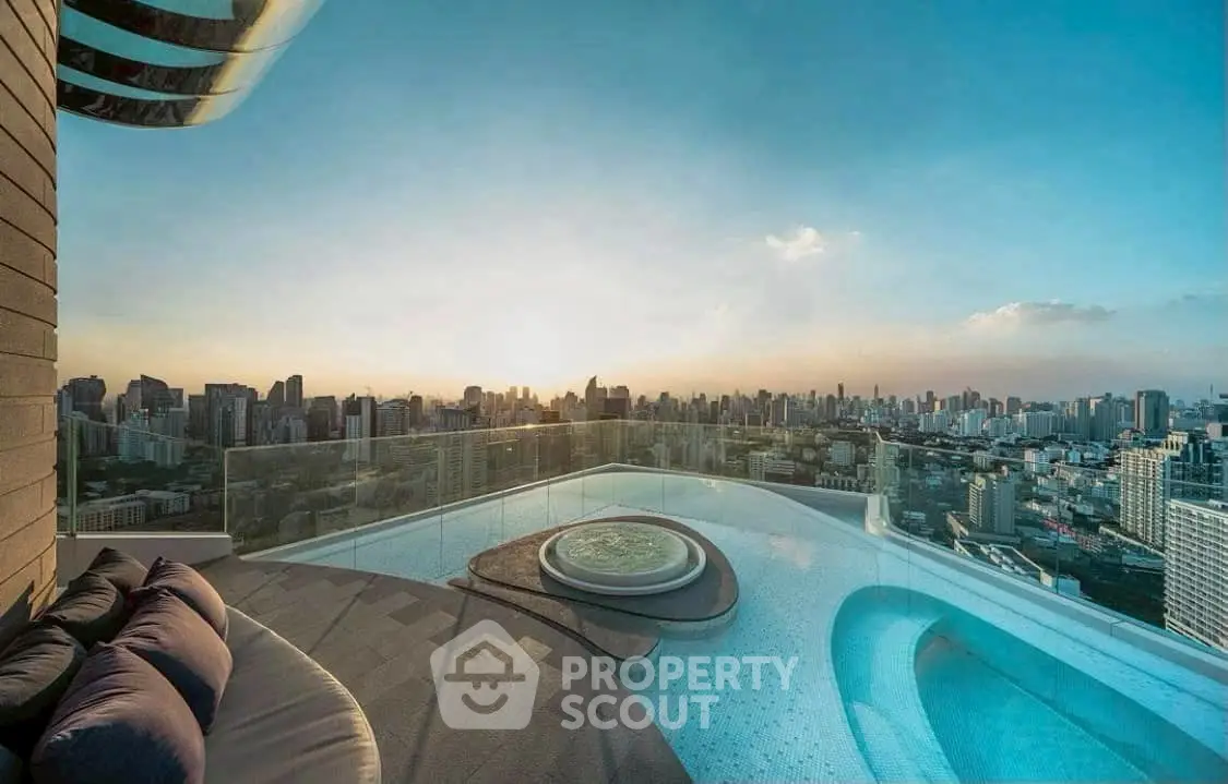 Luxurious rooftop pool with stunning city skyline view at sunset.