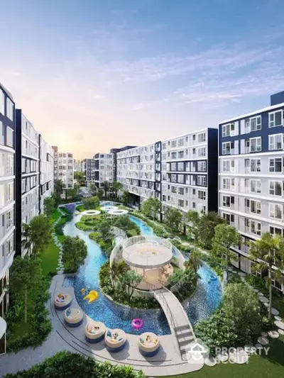 Luxurious apartment complex with stunning pool and lush gardens, perfect for modern living.