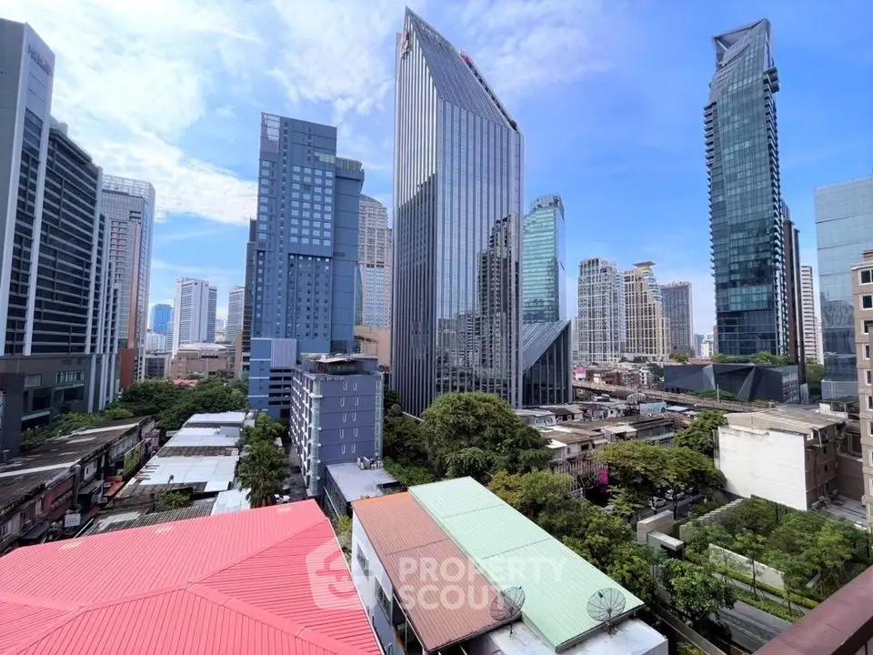 Stunning cityscape view of modern skyscrapers and urban landscape under a clear blue sky.