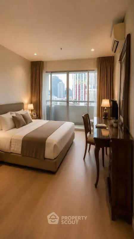 Luxurious bedroom with city view and elegant furnishings in modern apartment