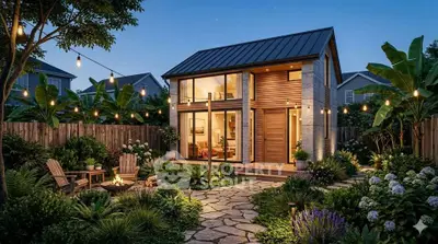 Charming modern tiny house with lush garden and cozy outdoor seating area at dusk.