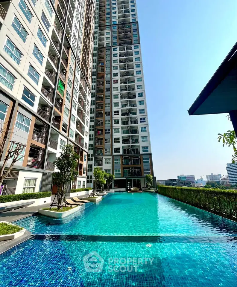 Luxurious high-rise apartment with stunning pool and city view, perfect for urban living.