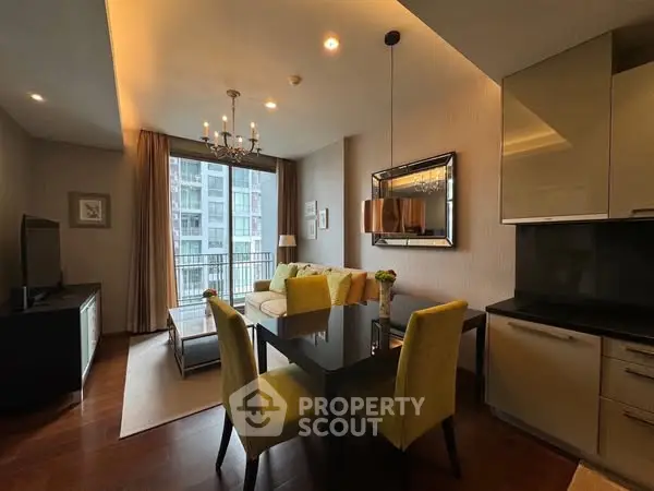 Modern living room with dining area and city view, featuring elegant decor and natural light.