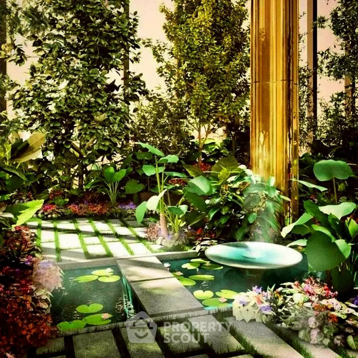 Luxurious garden with lush greenery and elegant water feature in upscale property