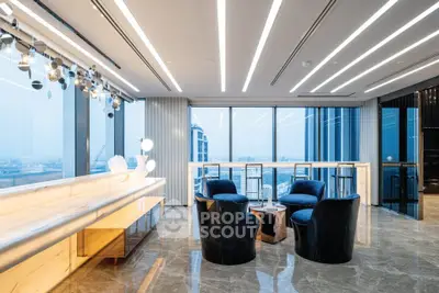 Luxurious modern living room with panoramic city views and elegant lighting