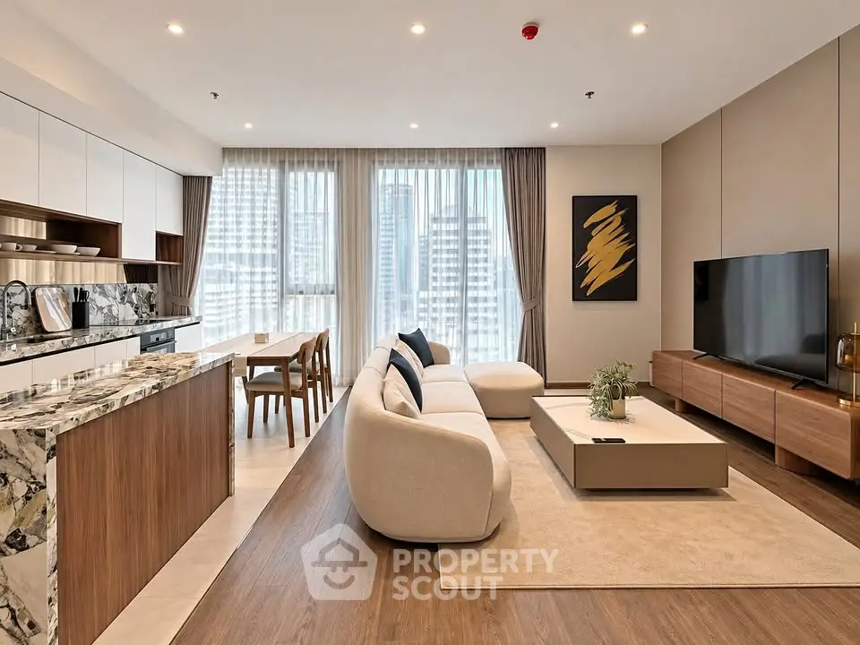 Luxurious modern living room with open kitchen, elegant decor, and city view.