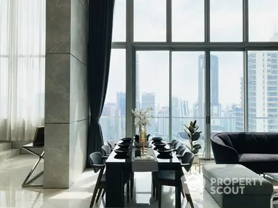 Luxurious high-rise apartment dining area with floor-to-ceiling windows offering a panoramic cityscape, elegantly furnished for sophisticated urban living.