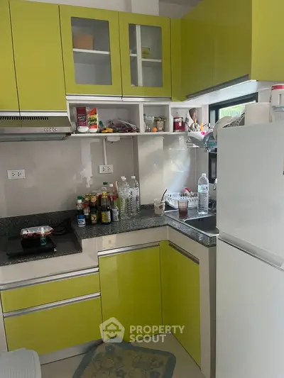 Modern kitchen with vibrant green cabinets and sleek appliances