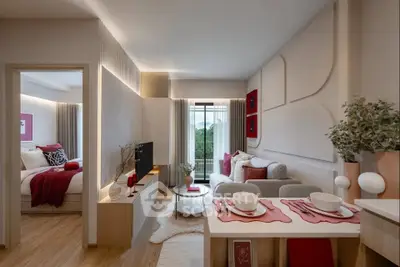 Modern living room with stylish decor and open layout, featuring cozy seating and elegant dining area.