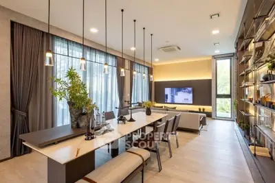 Luxurious modern living room with elegant dining area and stylish lighting