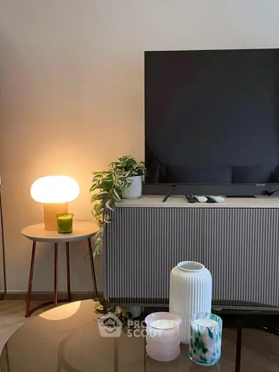 Modern living room with sleek TV setup and stylish decor