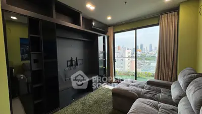 Modern living room with city view and cozy sectional sofa