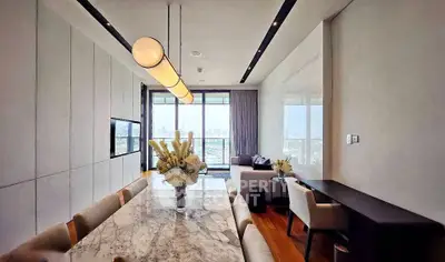 Luxurious modern living room with panoramic city view and elegant marble dining table.