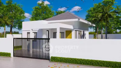 Modern single-story house with sleek design and lush greenery, perfect for contemporary living.