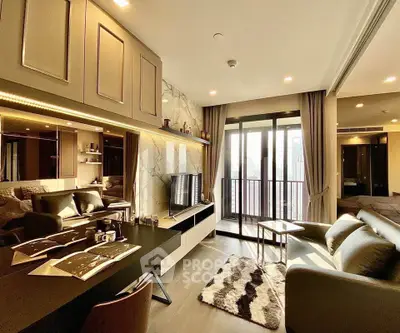 Luxurious modern living room with elegant decor and large windows offering natural light.