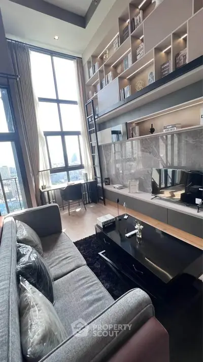 Luxurious high-ceiling living room with modern decor and city view