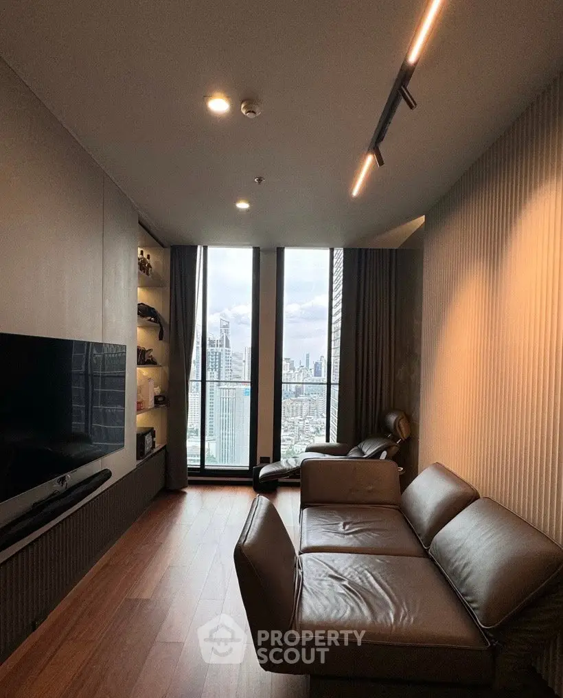 Luxurious living room with stunning city view and modern decor