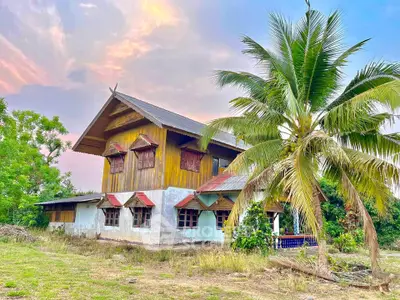 Charming rustic two-story house with lush garden and tropical palm tree
