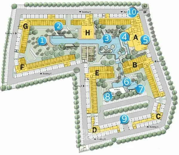 Detailed schematic plan of a residential complex with labeled buildings and amenities.