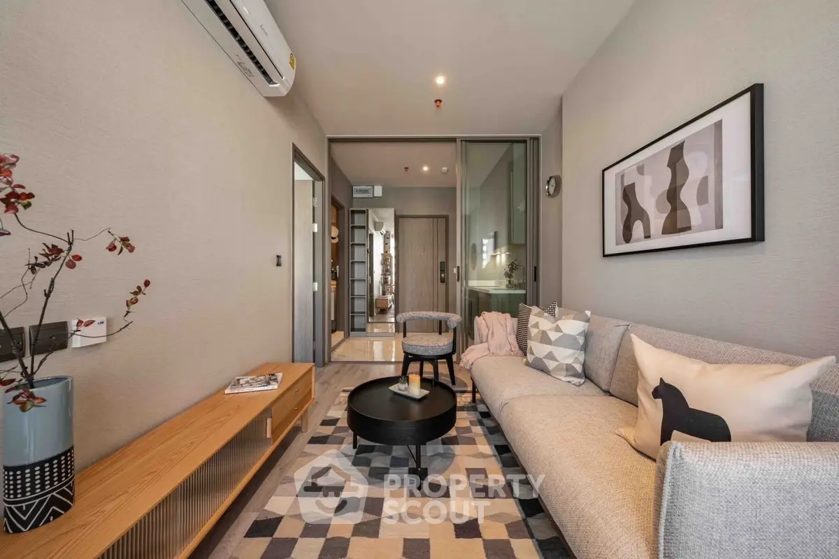 Modern living room with stylish decor and cozy seating area