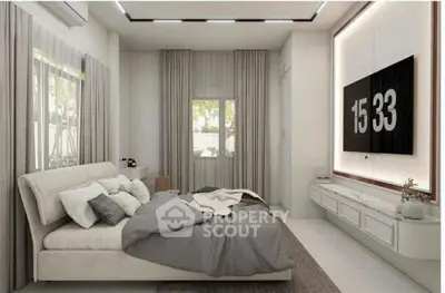 Luxurious modern bedroom with stylish decor and large wall-mounted TV