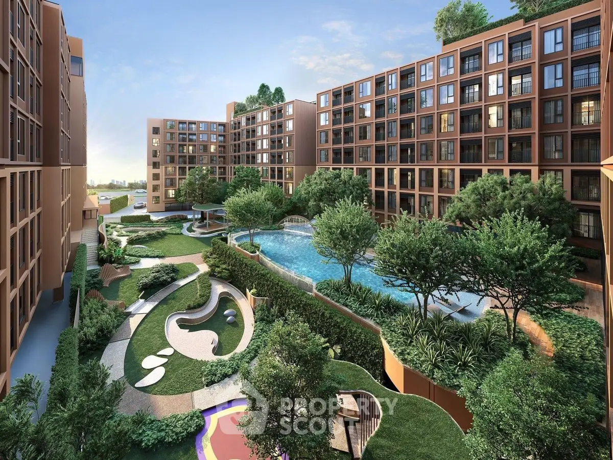Luxurious apartment complex with lush gardens and a sparkling pool, offering modern urban living with serene outdoor spaces.