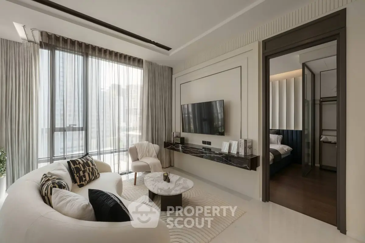 Luxurious modern living room with elegant decor and city view