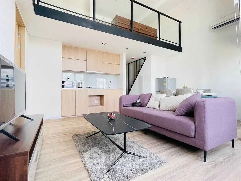 Modern loft apartment with stylish living room and open kitchen layout