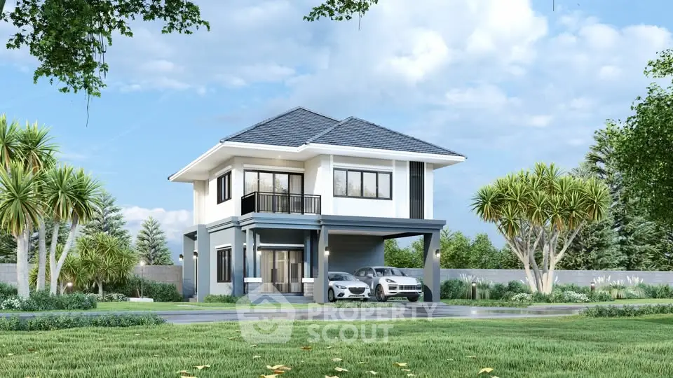 Modern two-story house with sleek design and lush landscaping