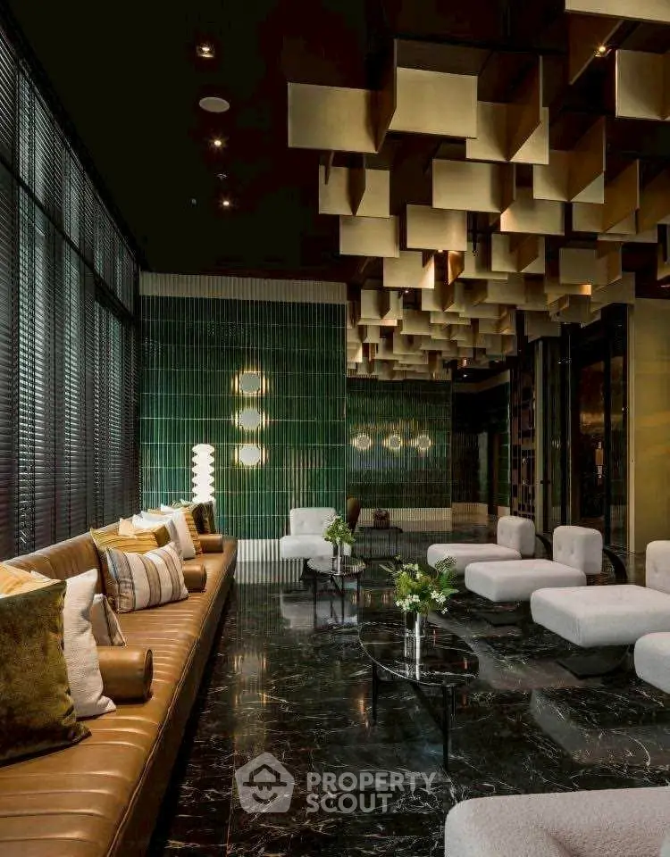 Luxurious modern living room with unique ceiling design and elegant decor.