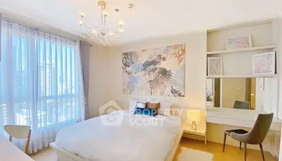 Bright and elegant bedroom with large window and modern decor in luxury apartment.