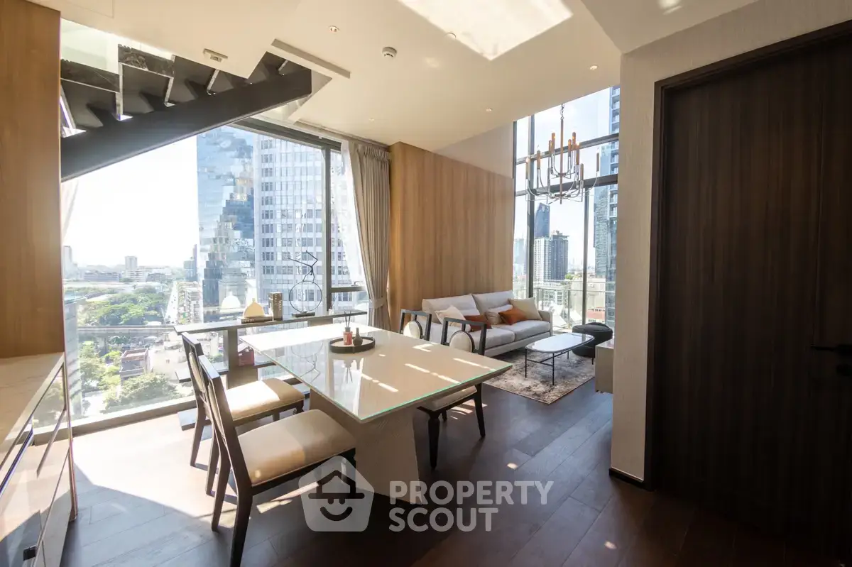 Luxurious modern living room with stunning city view and elegant dining area.