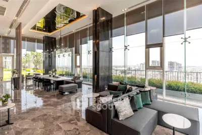 Luxurious modern living room with panoramic city views and elegant decor