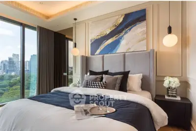 Luxurious bedroom with stunning city view and elegant decor