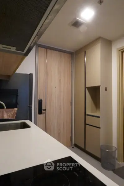 Modern kitchen with sleek cabinetry and built-in appliances in a contemporary apartment.